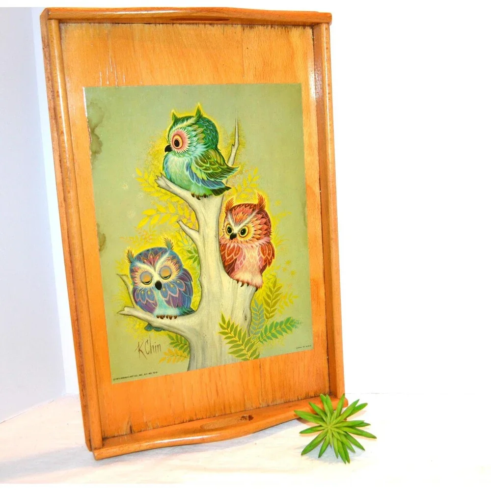 Owls 1970s on Wood Tray Kitschy Cottage Core Retro